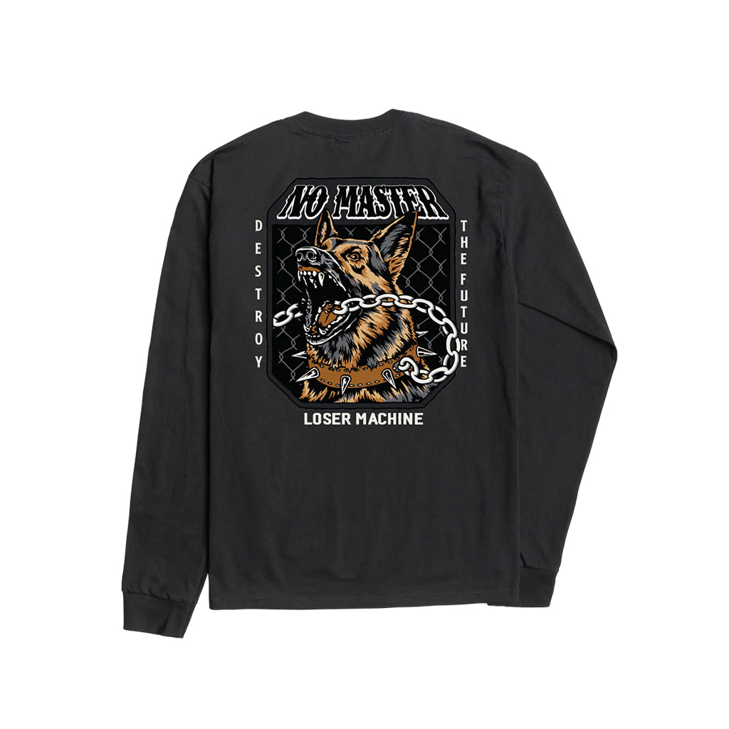 Black long-sleeve shirt with a graphic of a dog and text on the back, on a white background.