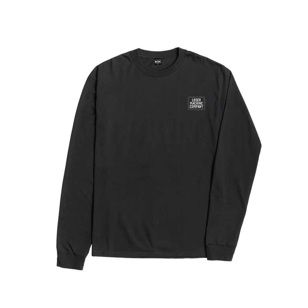 Black long-sleeve shirt with a logo on the chest against a white background
