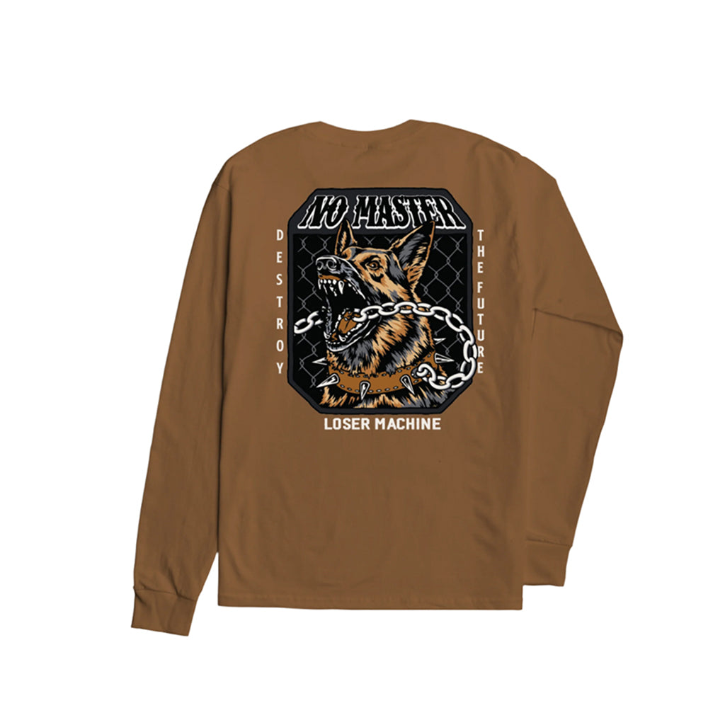 Brown long-sleeve shirt with a graphic design on the back featuring a wolf and text.