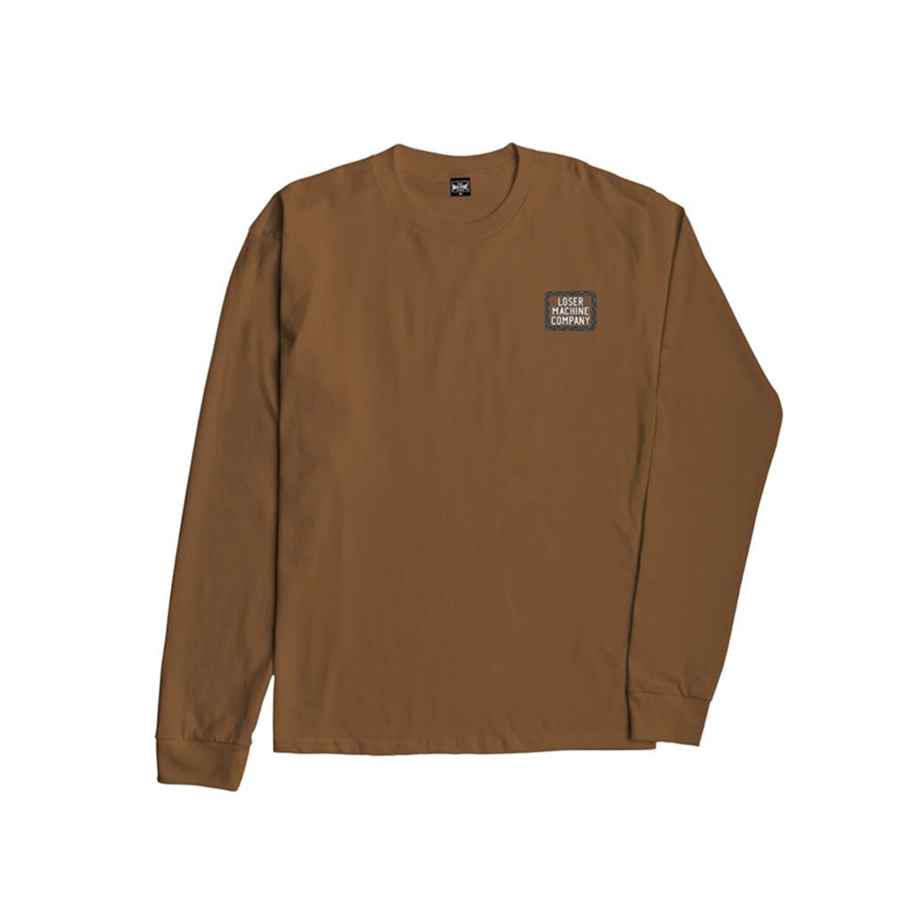 Brown long-sleeve shirt with a logo on a white background