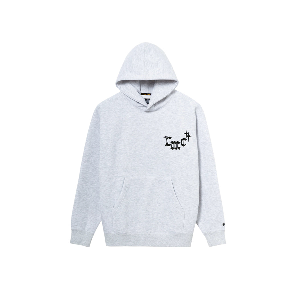 Gray hoodie with a brand logo on a white background