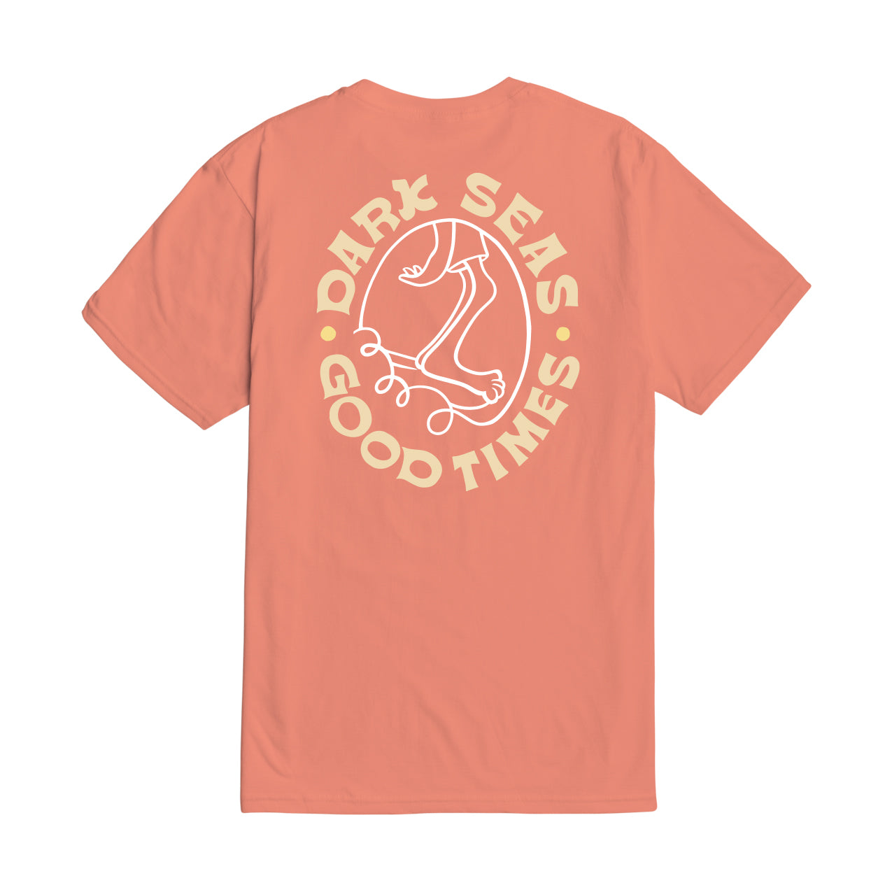 Coral t-shirt with 'Dark Seas Good Times' graphic on a white background