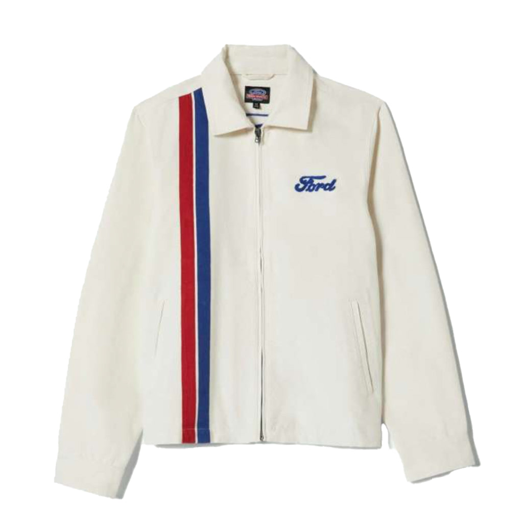 White jacket with red and blue stripes and Ford logo on a white background
