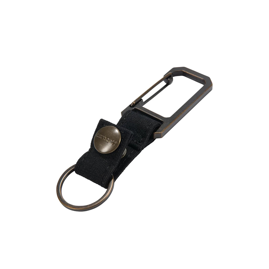 Black keychain with carabiner and clip on a white background