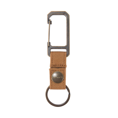 Keychain with brown strap and metal carabiner on a white background