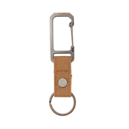 Keychain with brown leather strap and metal clip on a white background