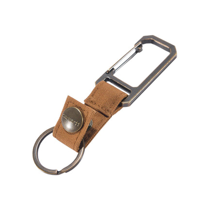 Keychain with brown strap and carabiner on a white background
