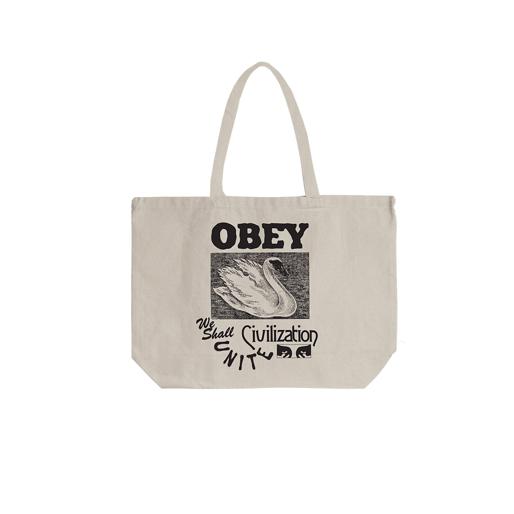 Beige tote bag with black text and graphic design on a white background