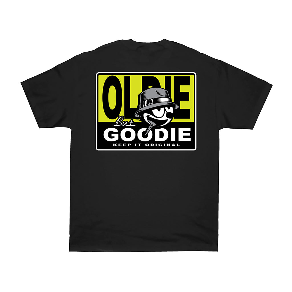 Black t-shirt with a graphic design on the back featuring text and a logo.
