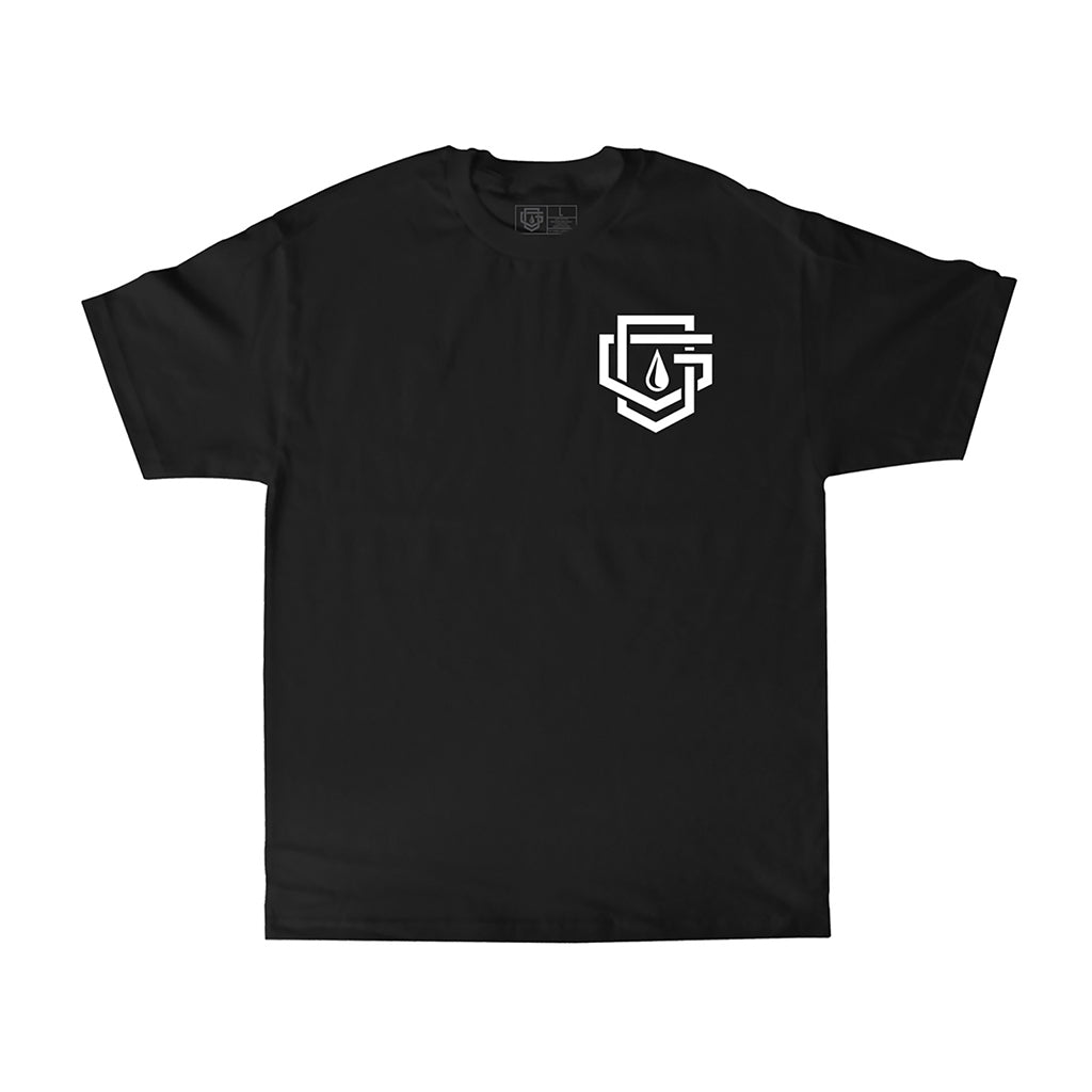 Black t-shirt with a white logo on a white background
