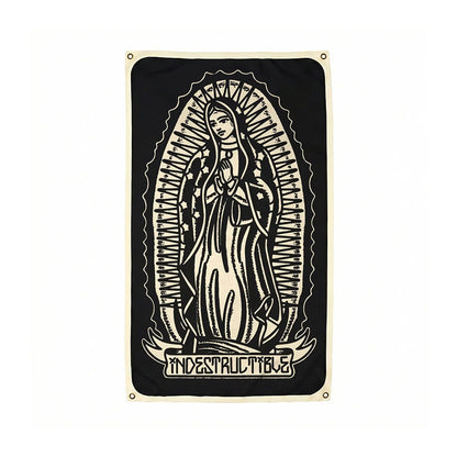 Black and white poster of a religious figure with 'Indestructible' text on a white background