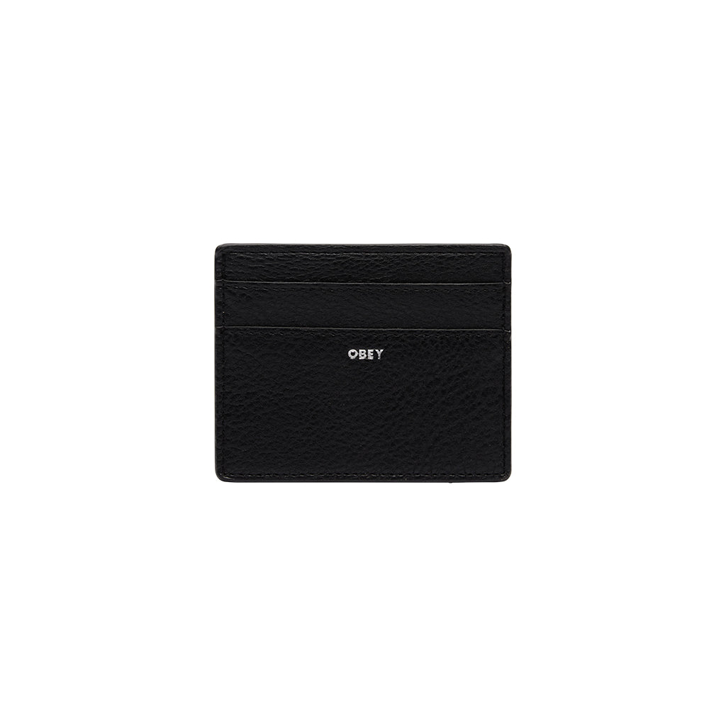 Black cardholder with 'OBEY' branding on a white background