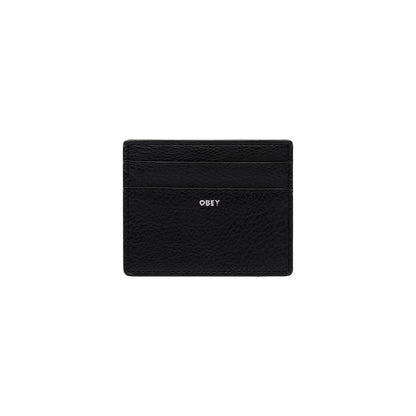 Black cardholder with 'OBEY' branding on a white background