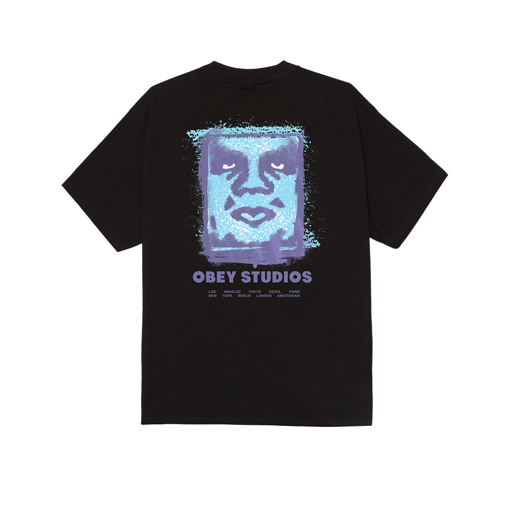 Black t-shirt with a graphic design and 'Obey Studios' text on a white background