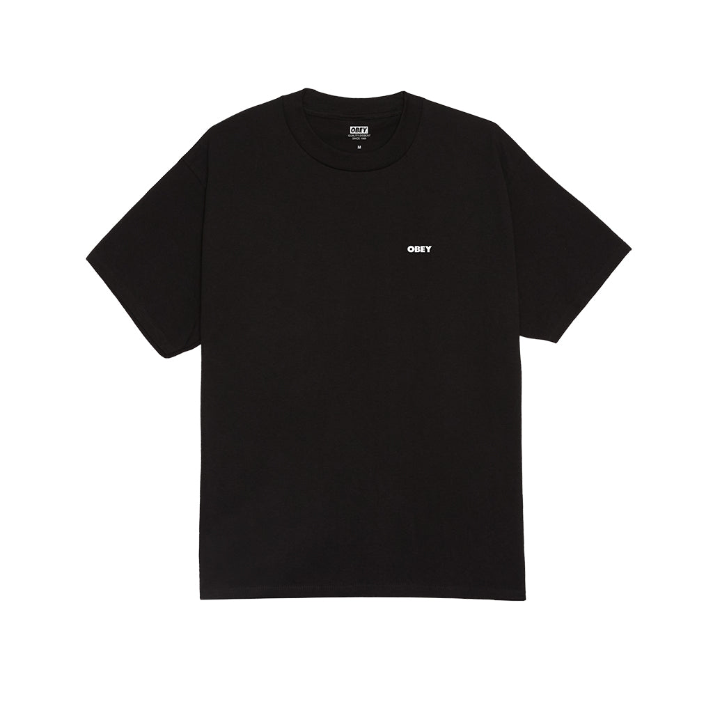 Black t-shirt with a white logo on a white background