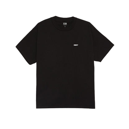 Black t-shirt with a white logo on a white background