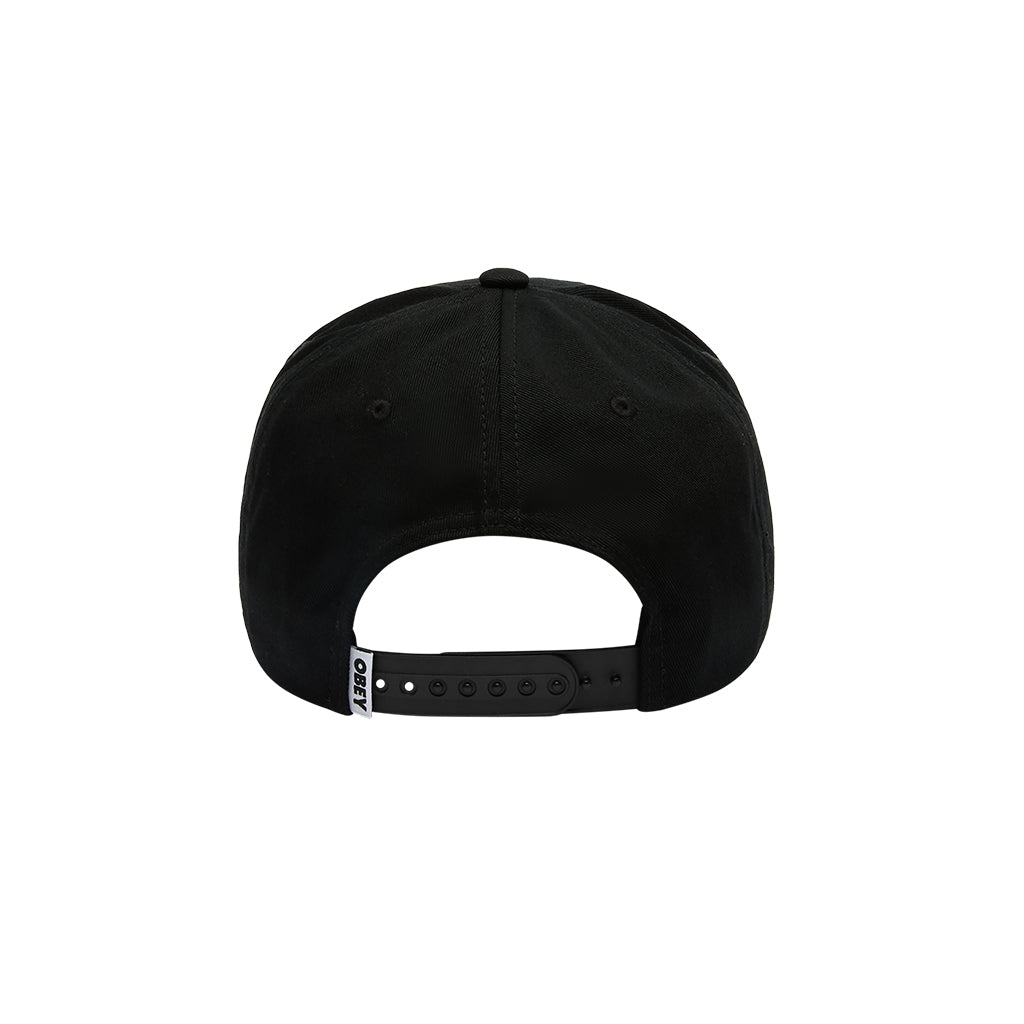 Black cap with a brand logo on the back on a white background