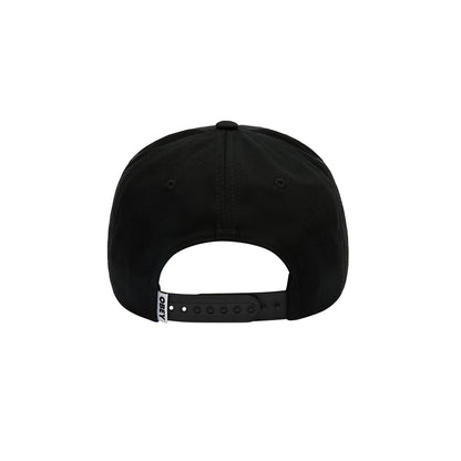 Black cap with a brand logo on the back on a white background