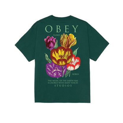 Green t-shirt with floral design and 'Obey' branding on a white background