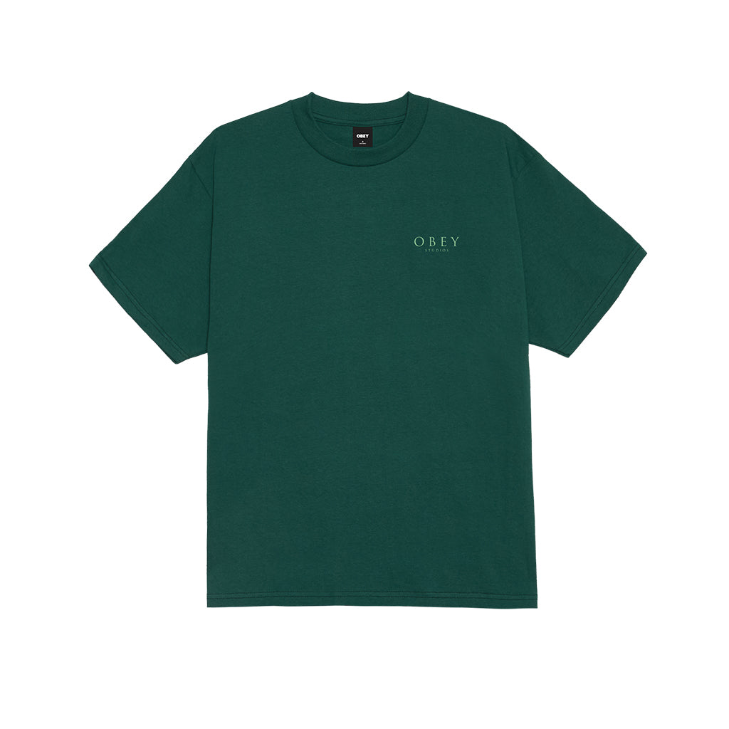 Green t-shirt with 'OBEY' logo on a white background