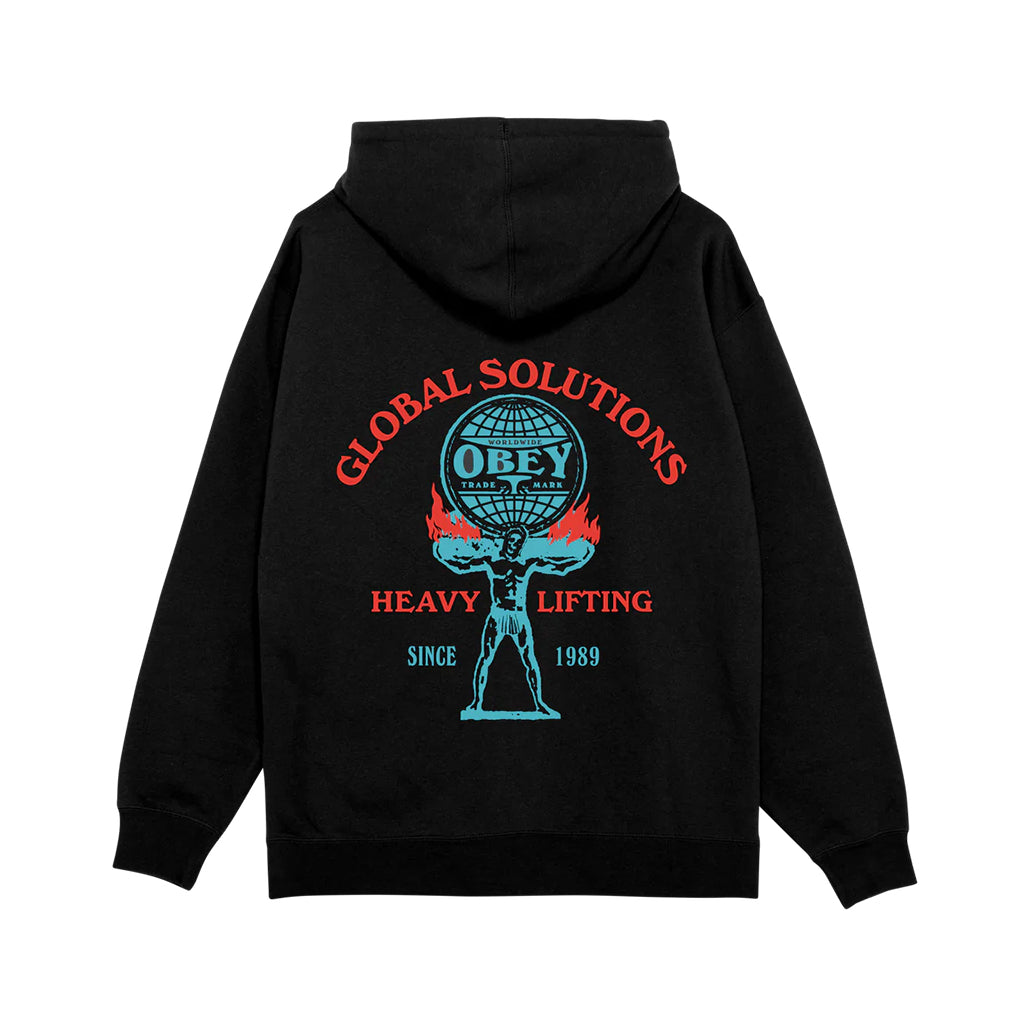 Black hoodie with 'Obey' graphic on the back featuring text and a silhouette of a person lifting weights.