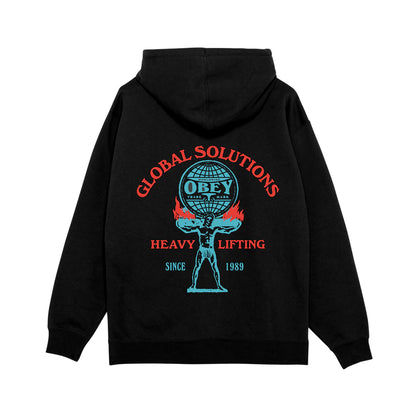 Black hoodie with 'Obey' graphic on the back featuring text and a silhouette of a person lifting weights.