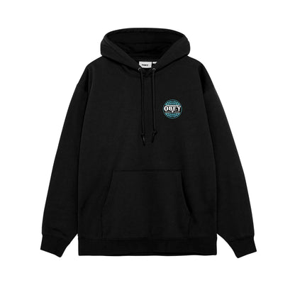 Black hoodie with a logo on the chest against a white background