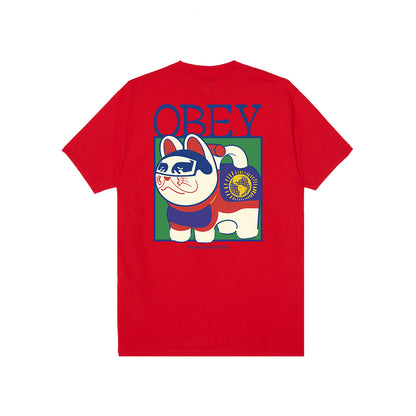 Red t-shirt with a graphic of a cat and 'OBEY' logo on a white background