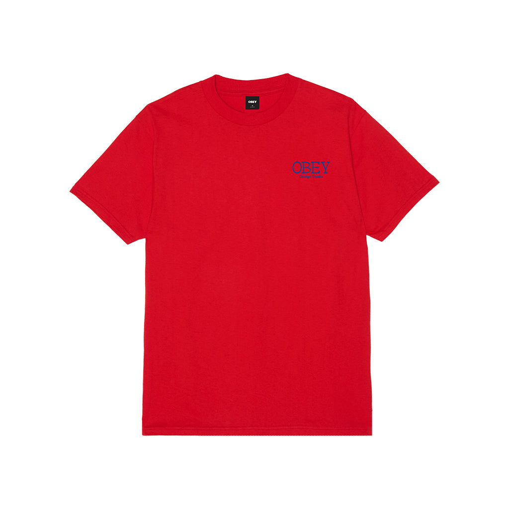 Red t-shirt with a small logo on a white background