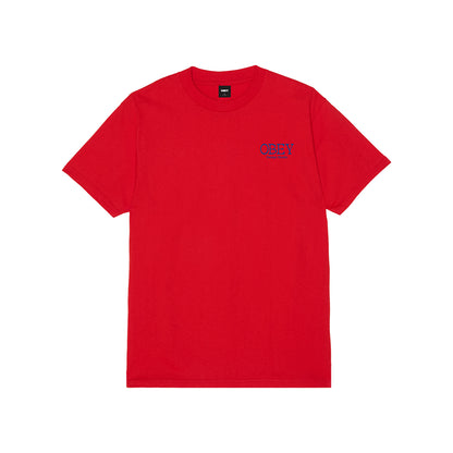 Red t-shirt with a small logo on a white background