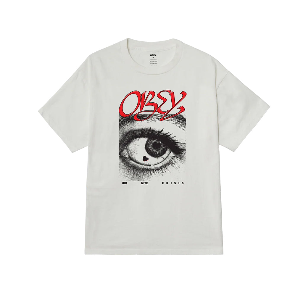 White t-shirt with eye graphic and 'Obey' text on a white background