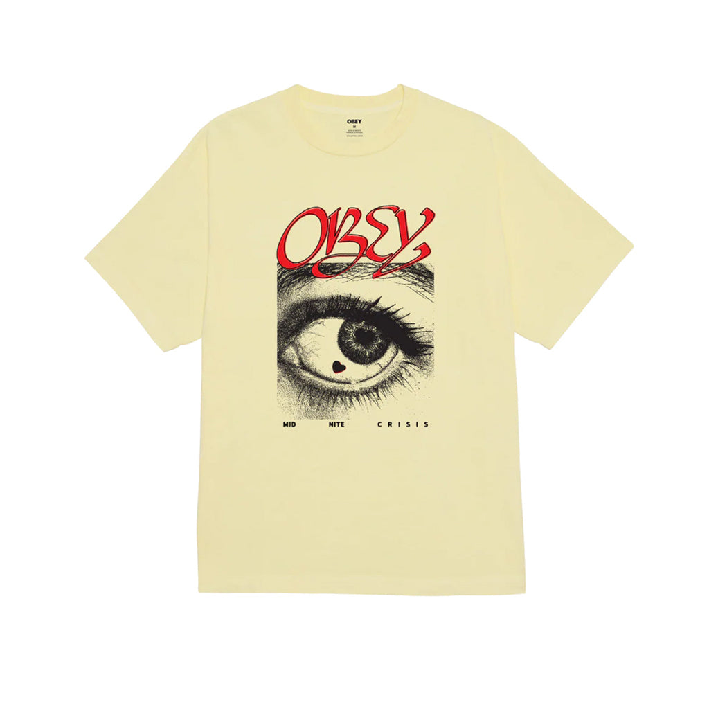 Yellow t-shirt with eye graphic and 'Obey' text on a white background