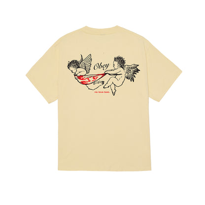 Beige t-shirt with graphic design of cherubs holding a flag and 'Obey' text on the back.