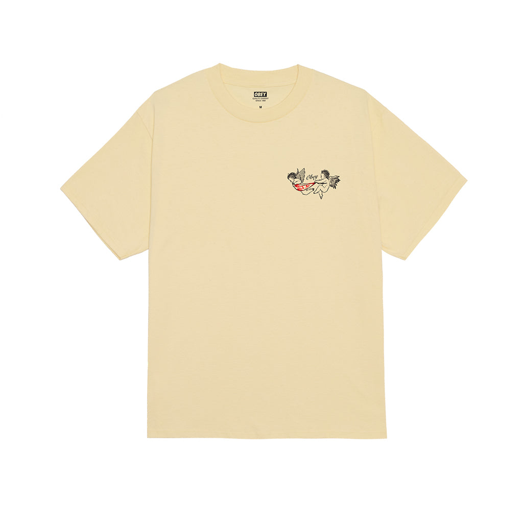 Yellow Obey shirt with small angel graphic on the chest