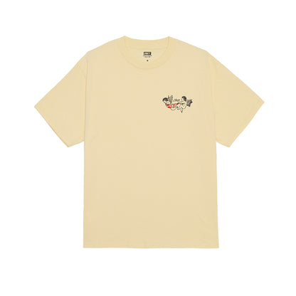 Yellow Obey shirt with small angel graphic on the chest