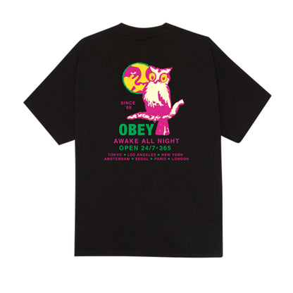 Black t-shirt with colorful owl graphic design on a white background