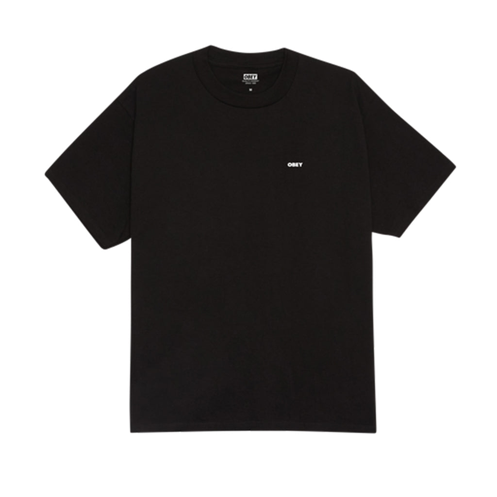 Black t-shirt with a small logo on a white background