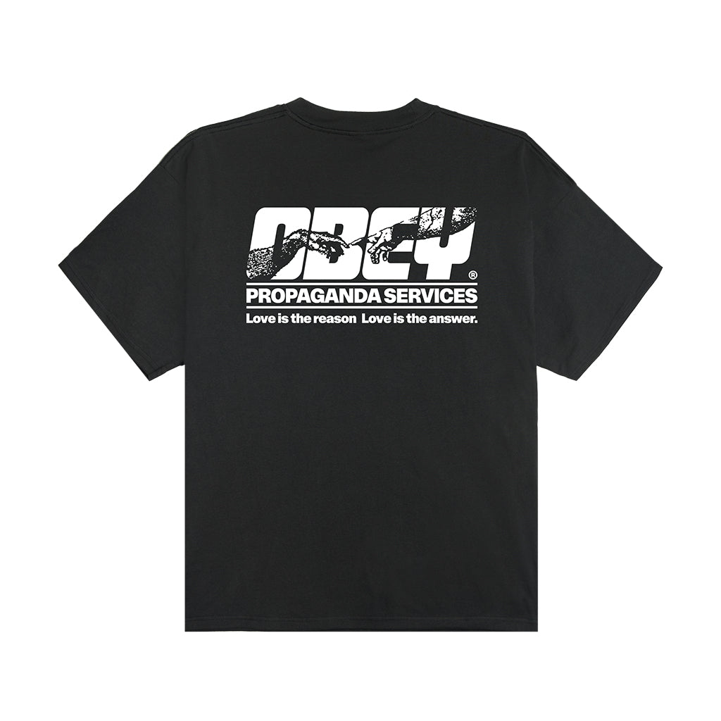 Black t-shirt with white text and logo on a white background