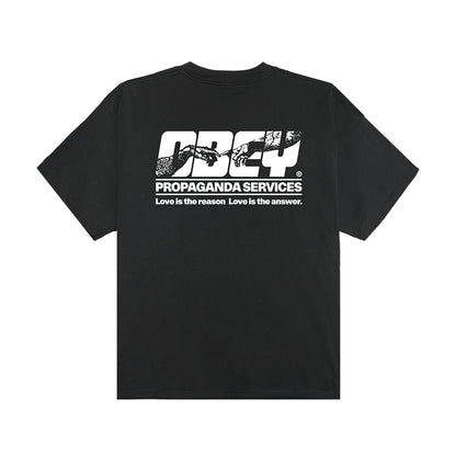 Black t-shirt with white text and logo on a white background