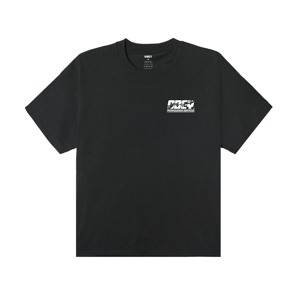 Black t-shirt with a logo on the chest against a white background