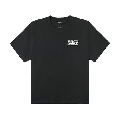 Black t-shirt with a logo on the chest against a white background