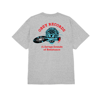 Gray t-shirt with 'Obey Records' graphic on the back