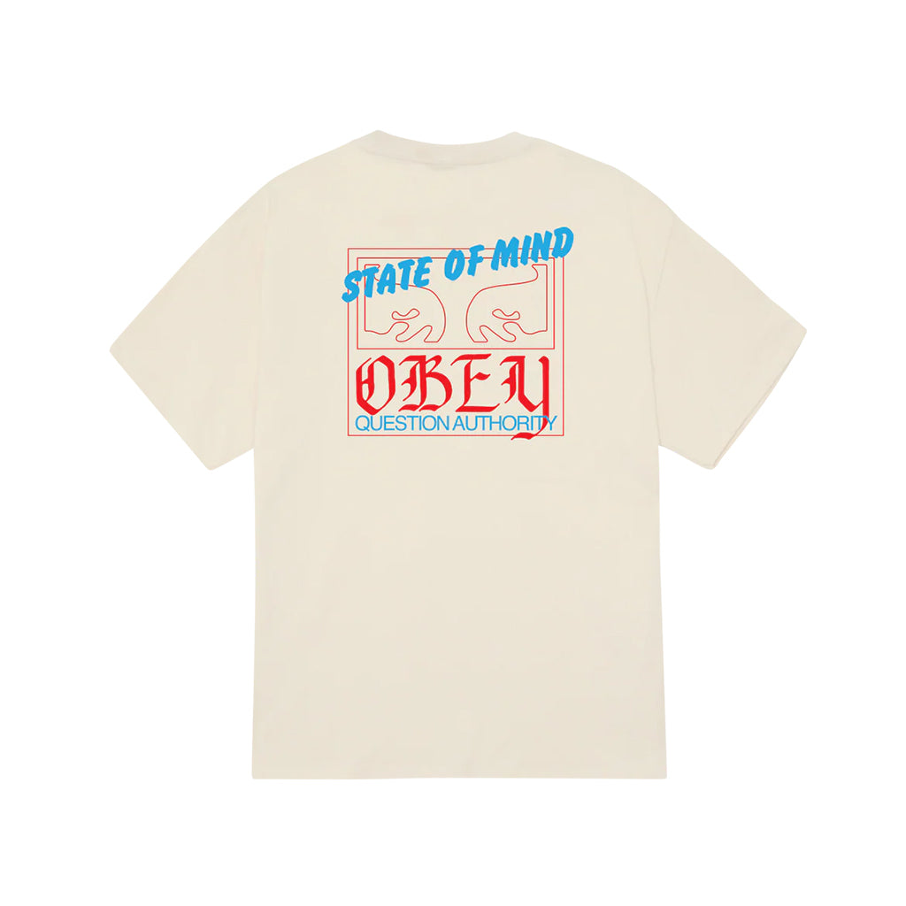 Beige t-shirt with 'State of Mind Obey Question Authority' text design on a white background