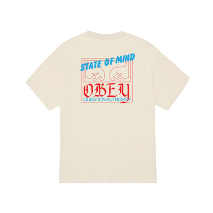 Beige t-shirt with 'State of Mind Obey Question Authority' text design on a white background