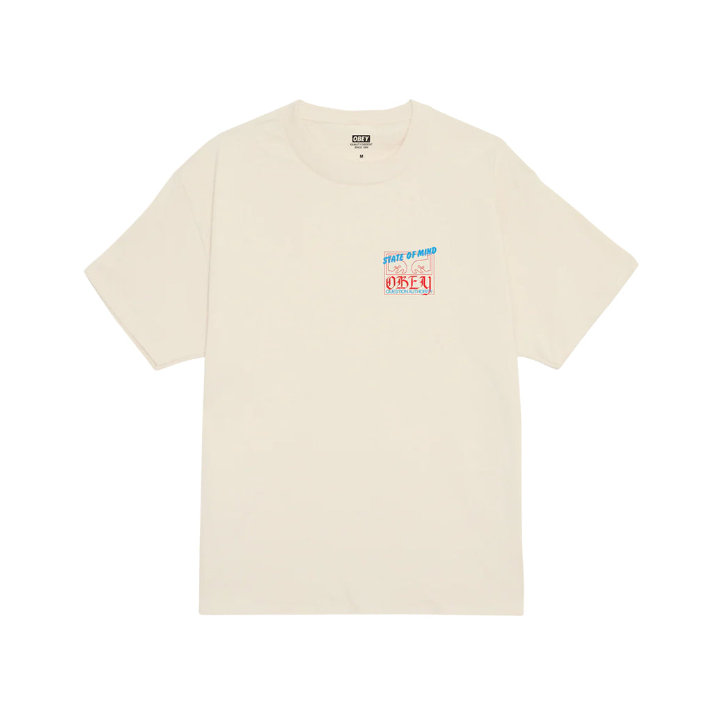 Beige t-shirt with text and logo on a white background