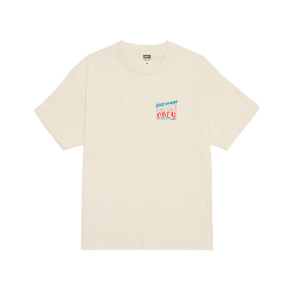 Beige t-shirt with text and logo on a white background