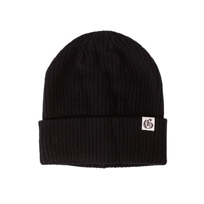 Black beanie with a logo on a white background