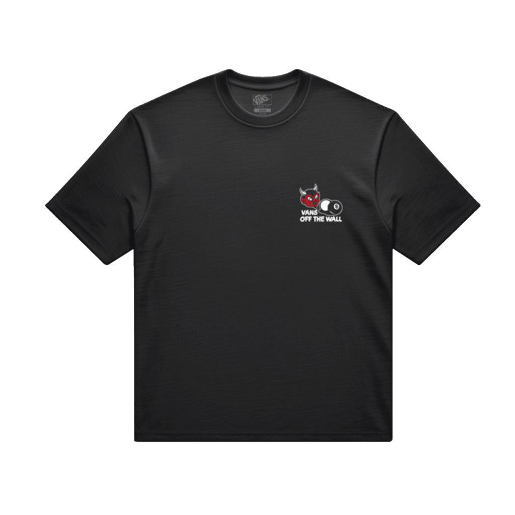 Black t-shirt with a small logo on the chest against a white background