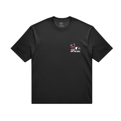Black t-shirt with a small logo on the chest against a white background