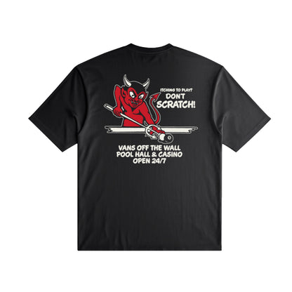 Black t-shirt with a red devil graphic and text on a white background